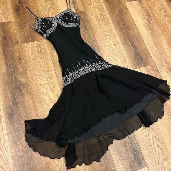 Vintage Y2K 100% Silk Beaded Dress Vintage Beaded Dress Silver Black Fairy  Dress